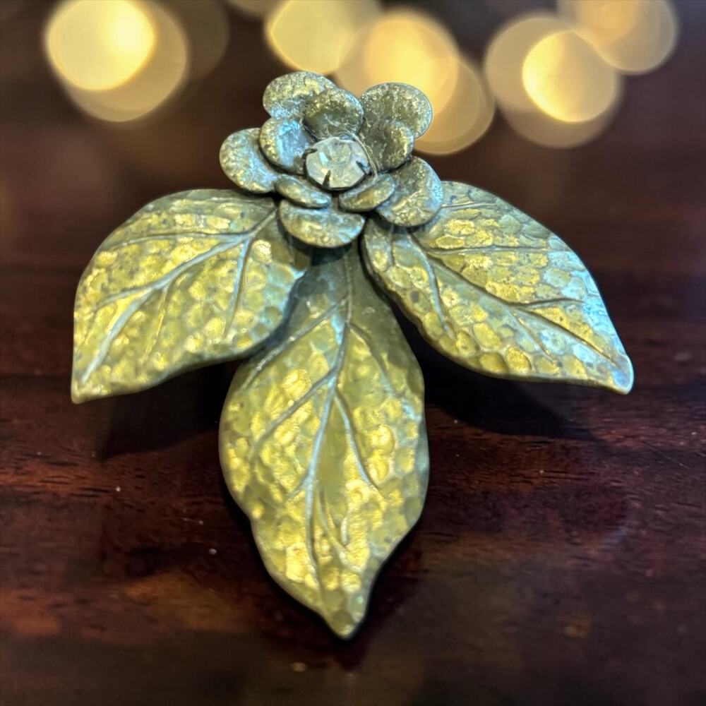 Antique Brass Flower Brooch Giant Leaves Rhinestone C Clasp Arts & Crafts